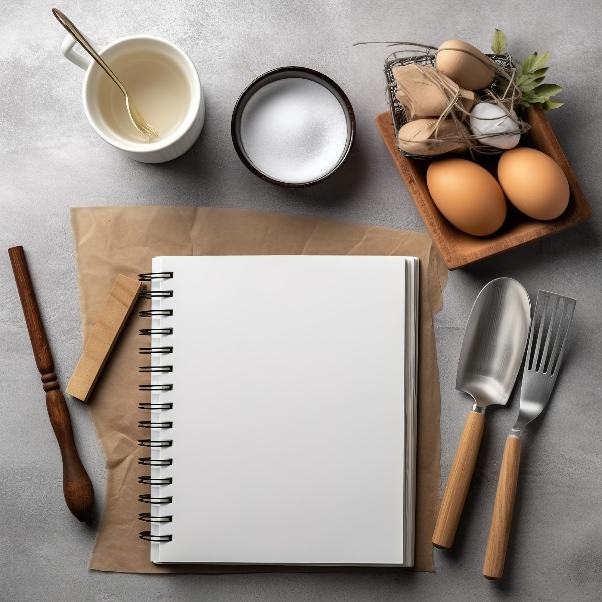 Flatlay of cooking tools and notebook
